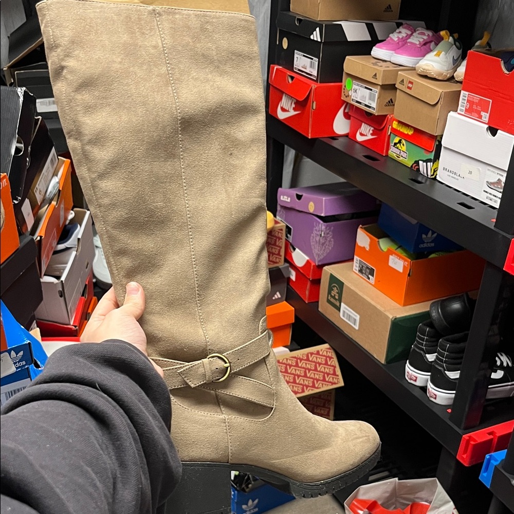 Tan Knee-High Boots with Buckle